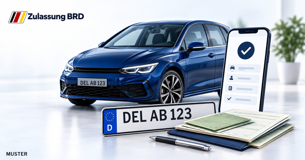 Online Fahrzeugzulassung in Delmenhorst: Musterkennzeichen DEL AB 123, Auto und Fahrzeugpapiere und Smartphone. Illustration mit Logo von Zulassung BRD.